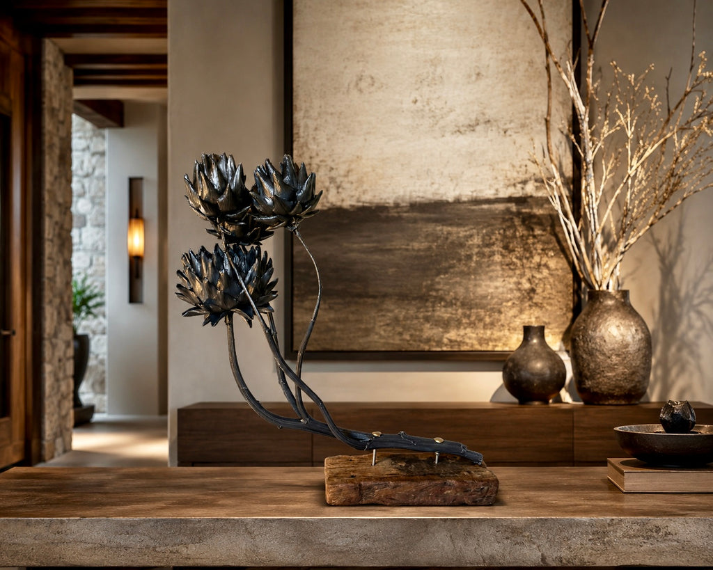 Forever Joy Artichoke Sculpture - Four stem focus piece - Black Tide