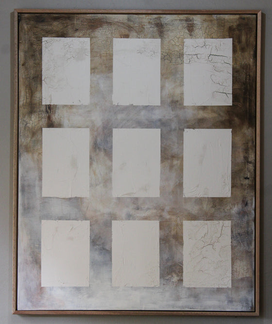 In this piece, I explore the tension between presence and absence, using a grid of nine textured squares to create a dialogue between order and decay. The muted, earth-toned background suggests a sense of time and aging. For me, this work speaks to the delicate balance between what is lost and what remains