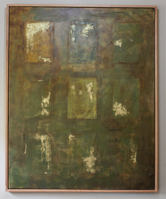 This work is an exploration of memory and transformation. The gold accents within the muted green fields represent moments of light or significance. Each square feels like a fragment of something greater, capturing the essence of moments.