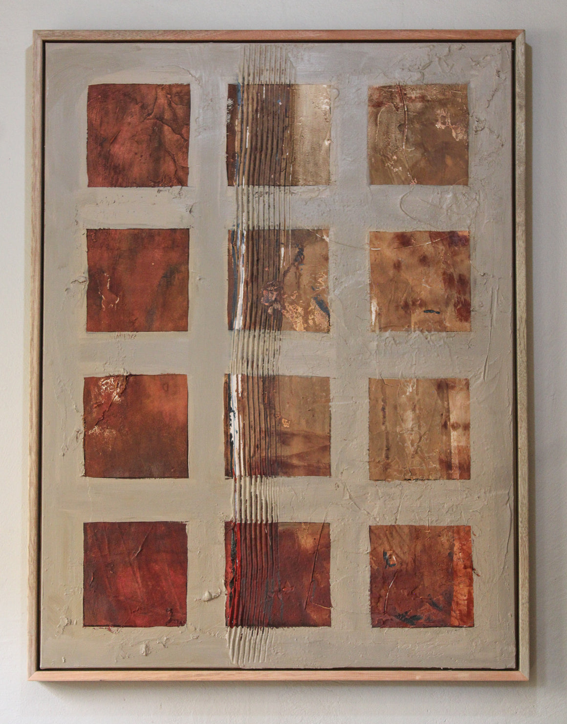Original textured art pieces. "This piece explores the tension between repetition and disruption within a natural, earthy palette. I wanted the muted neutrals and rich, rust-toned surfaces to evoke a sense of grounded warmth."