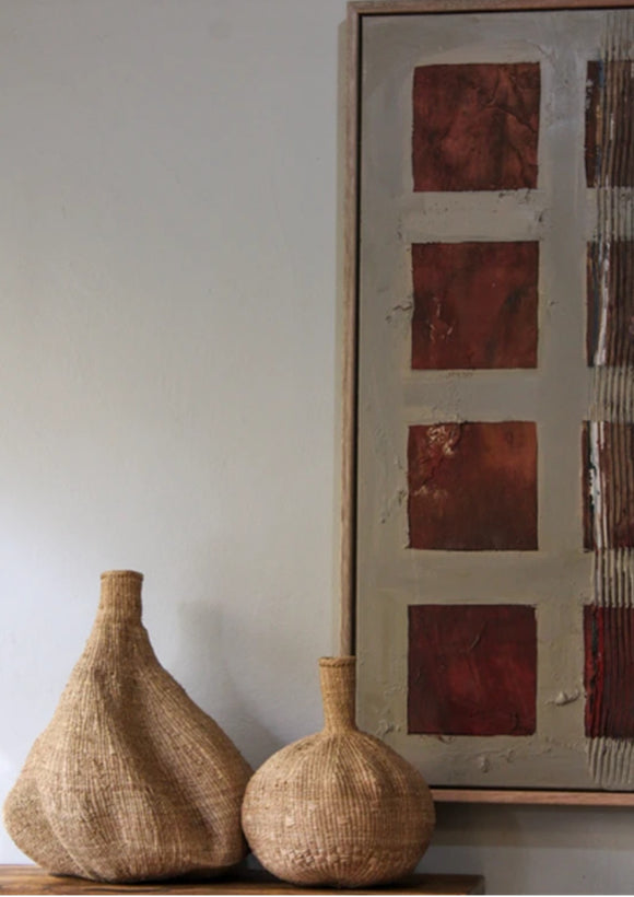 Original textured art pieces. "This piece explores the tension between repetition and disruption within a natural, earthy palette. I wanted the muted neutrals and rich, rust-toned surfaces to evoke a sense of grounded warmth."
