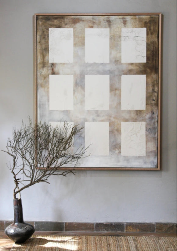In this piece, I explore the tension between presence and absence, using a grid of nine textured squares to create a dialogue between order and decay. The muted, earth-toned background suggests a sense of time and aging. For me, this work speaks to the delicate balance between what is lost and what remains