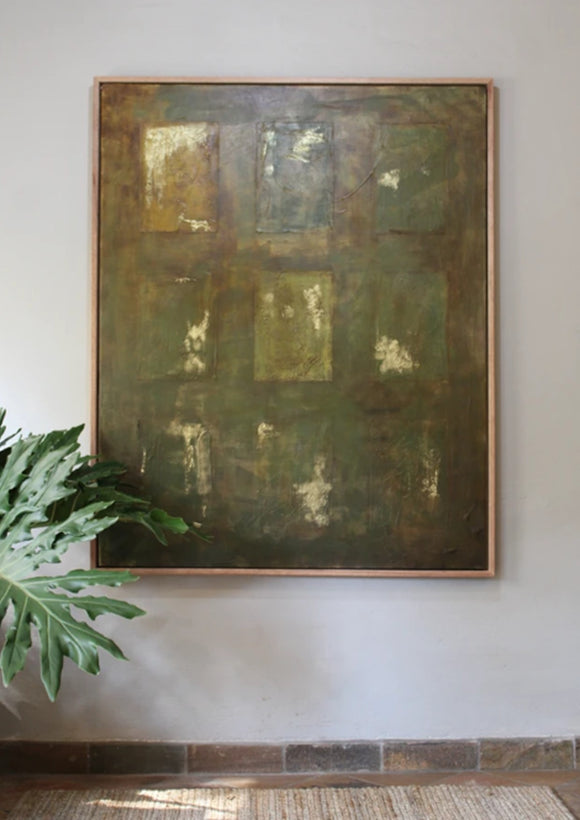 This work is an exploration of memory and transformation. The gold accents within the muted green fields represent moments of light or significance. Each square feels like a fragment of something greater, capturing the essence of moments.