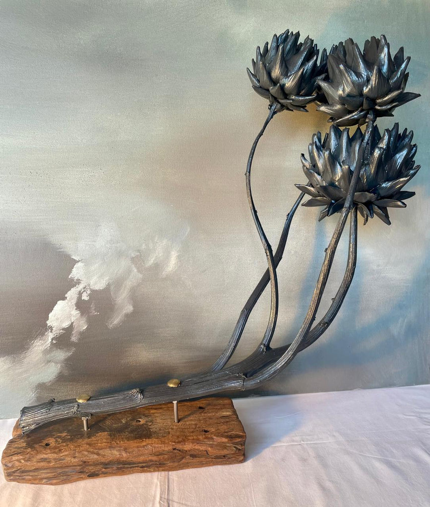 Forever Joy Artichoke Sculpture - Four stem focus piece - Black Tide