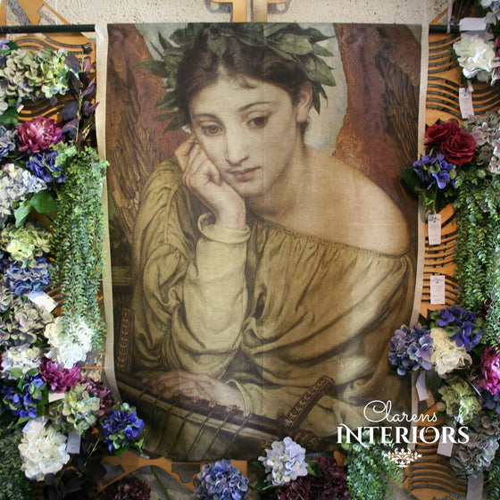 This linen panel holds an intriguing print of a woman in deep thought, and has an old world charm that will make you feel part of another world.   Dimensions: 1m wide x 1.5m tall.