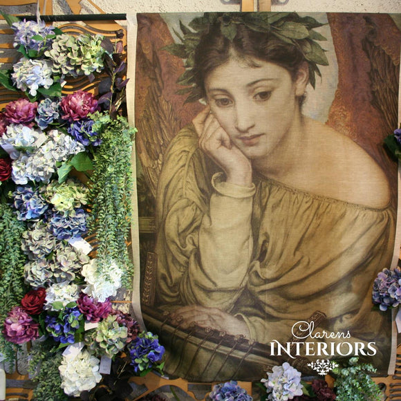 This linen panel holds an intriguing print of a woman in deep thought, and has an old world charm that will make you feel part of another world.   Dimensions: 1m wide x 1.5m tall.