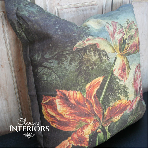 Bold floral print on pure linen.   Feather inner included.   Dimensions: 60 x 60cm  Manufactured in South Africa