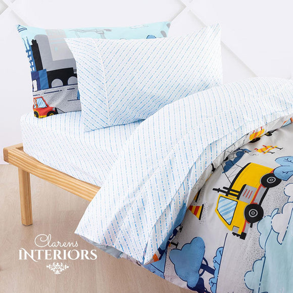 Felix Sheet Set - A modern dots-and-dashes print, this design features tonal blues on a white backdrop. Printed on 100% cotton and finished with white piping on the pillowcase cuff.  Three Quarter – 107×190+35cm fitted sheet, 180x250cm flat sheet + 45x70cm pillow case (1)