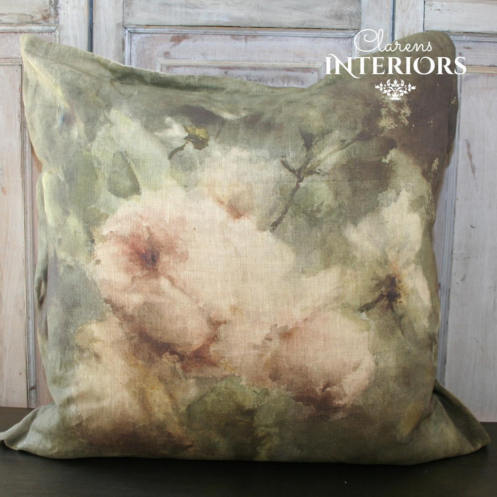 Soft floral print on pure linen.   Feather inner included.   Dimensions: 60 x 60cm  Manufactured in South Africa