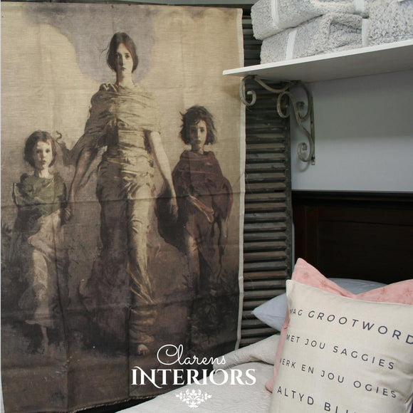 This linen panel has an old world charm that will make you feel part of another world.   Dimensions: 1m wide x 1.5m tall.